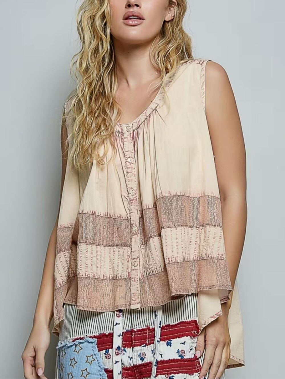 330.POL Sleeveless High-Low Tiered Button-Front Peasant Top in Blush